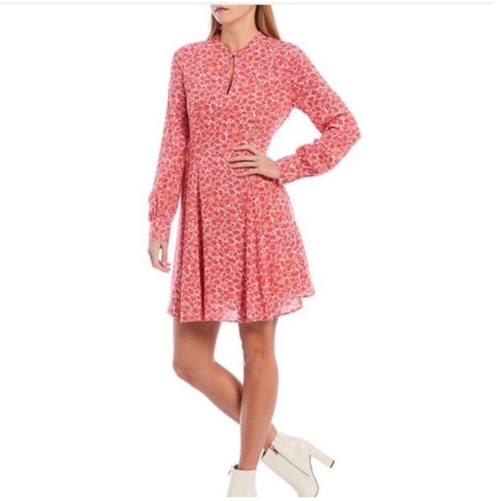 A Loves A Pink Orange Floral Long Sleeve Keyhole Mini Dress XS Fit and Flare